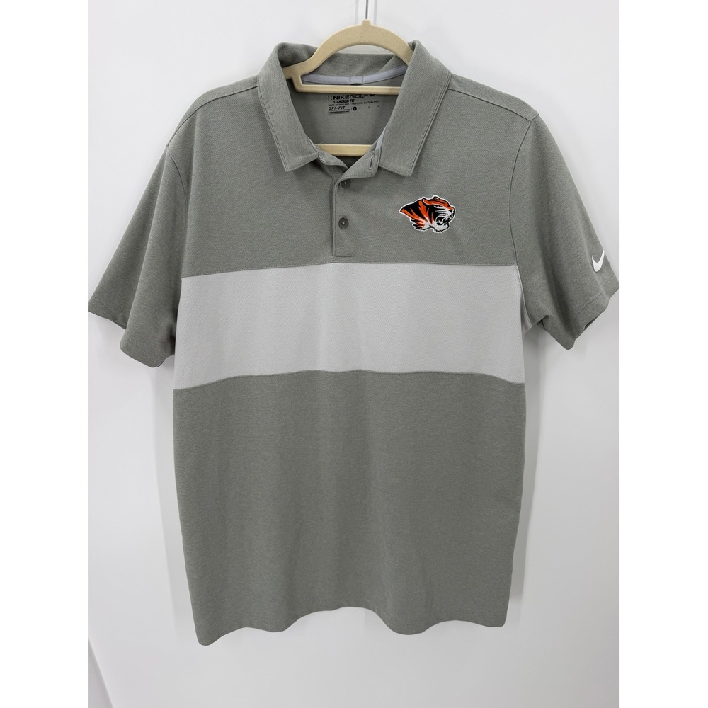 Nike Golf Dri Fit Polo Shirt Mens L Gray Tiger Mascot Colorblock Athletic